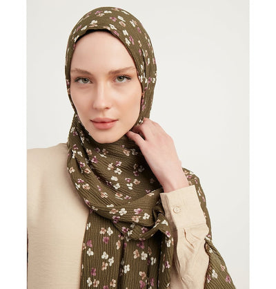 Modefa Shawl Olive Green Posies Crinkle Cotton Hijab Shawl - Olive Green