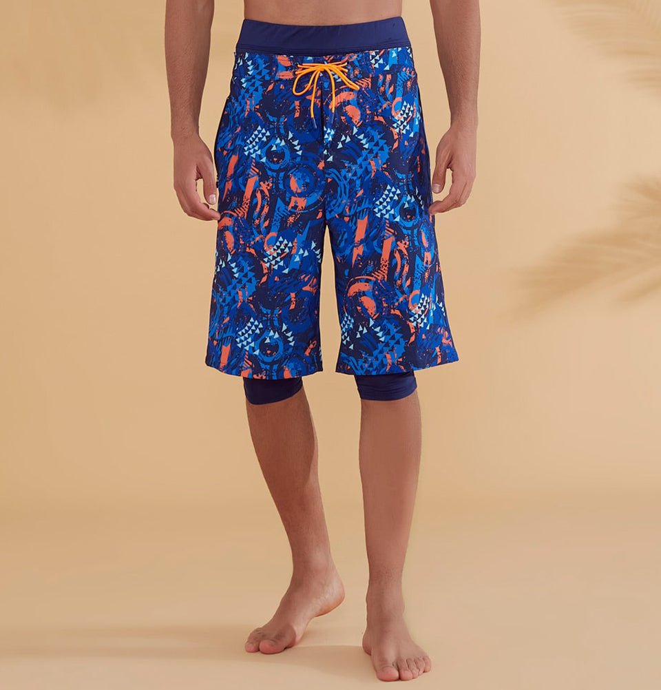 Men's Modest Swim Shorts S2351 Geometric Blue Orange