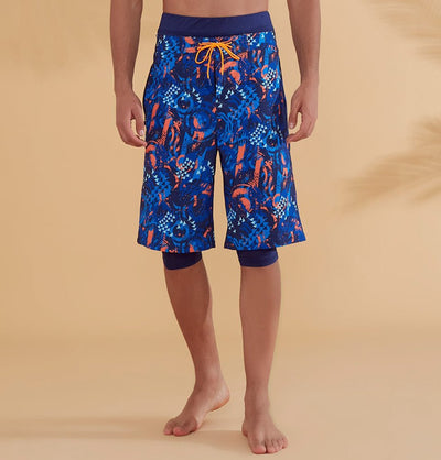 Modefa Swimsuit Men's Modest Swim Shorts - S2351 Geometric Blue & Orange