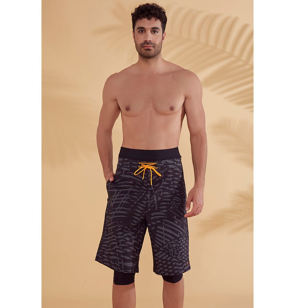 Modefa Swimsuit Men's Modest Swim Shorts - S2355 Abstract Stripes Black