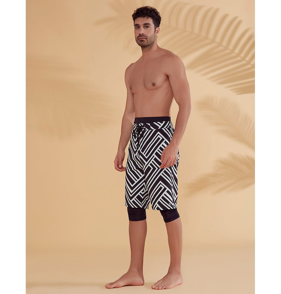 Modefa Swimsuit Men's Modest Swim Shorts - S2357 Abstract Black & White