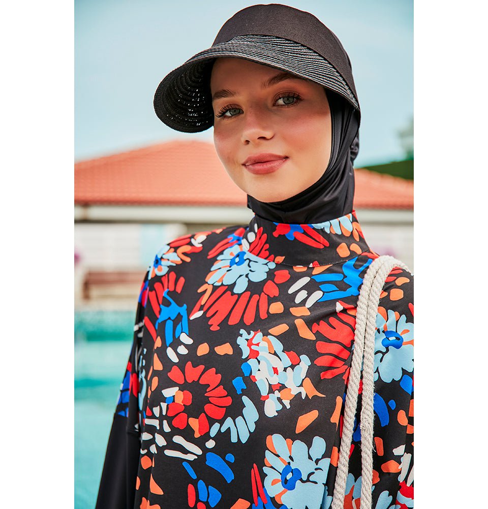 Modefa Swimsuit Two Piece Full Coverage Modest Swimsuit - M2313 Abstract Floral Black