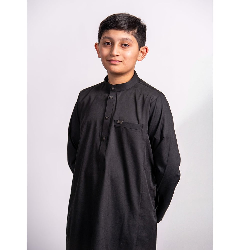 Boy's Full Length Long Sleeve Islamic Thobe - Dark Gray & Brown