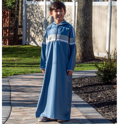 Modefa Thobe Boy's Full Length Long Sleeve Islamic Thobe - Striped Hoodie Blue