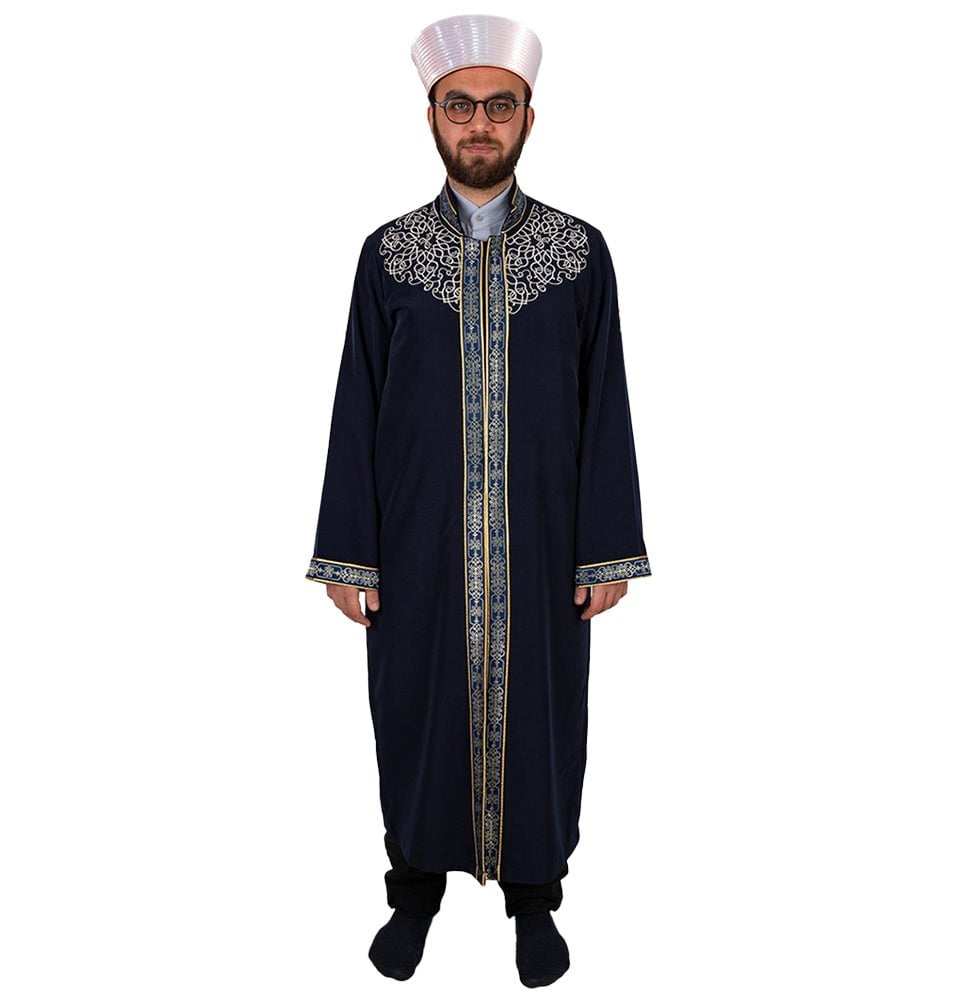 Men's Embroidered Turkish Cubbe Islamic Thobe - Navy Blue Men's Embroidered Turkish Cubbe Islamic Thobe - Navy Blue