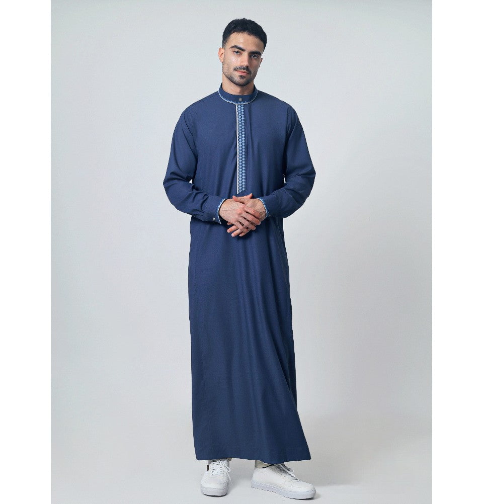 Men's Full Length Islamic Thobe 308 - Tatreez Teal Blue