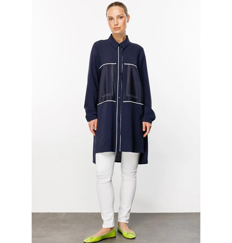 Modern Muslim Women's High Low Hem Fashion Tunic -241872 Navy Blue