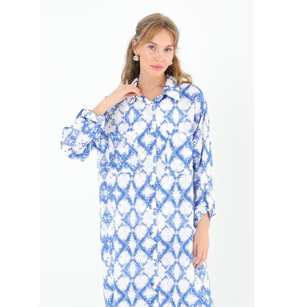 Modest Muslim Women's Breezy Maxi Long Blouse Tunic 10329 TieDye Blue