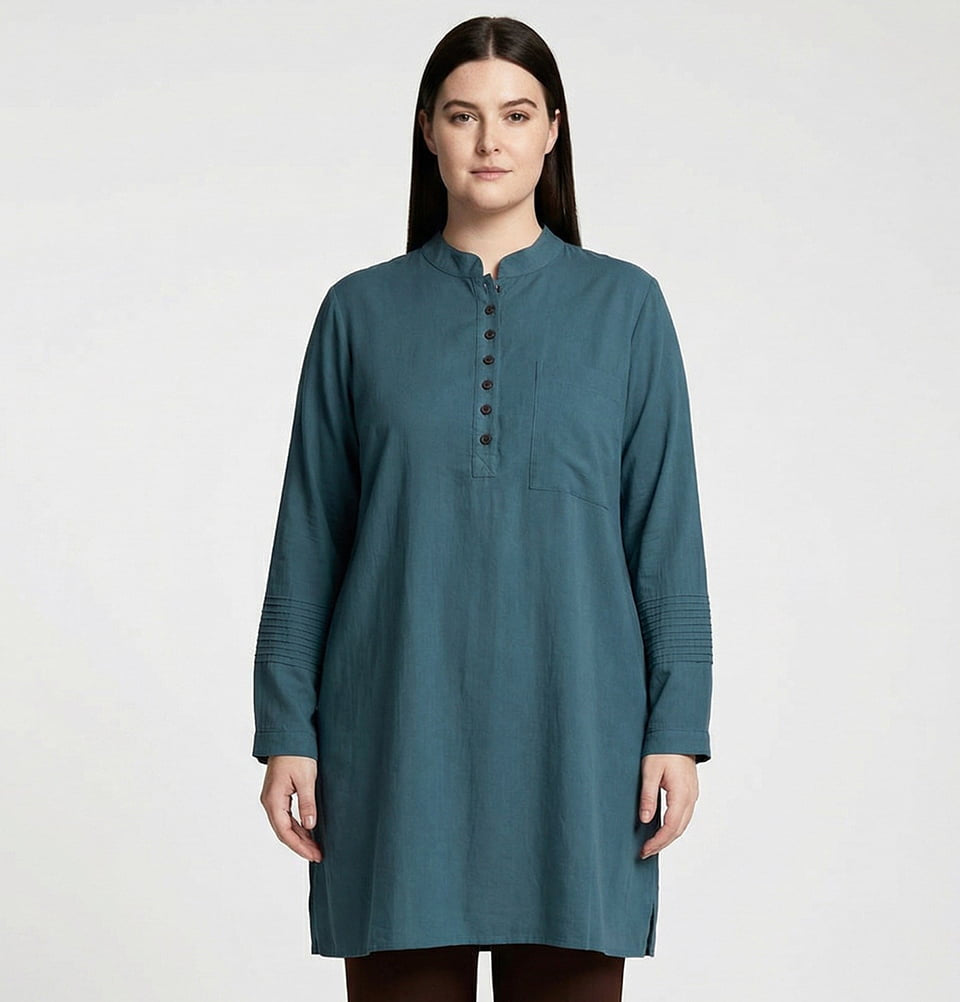Modest Muslim Women's Half-Placket Pintuck Detail Tunic - Teal Green