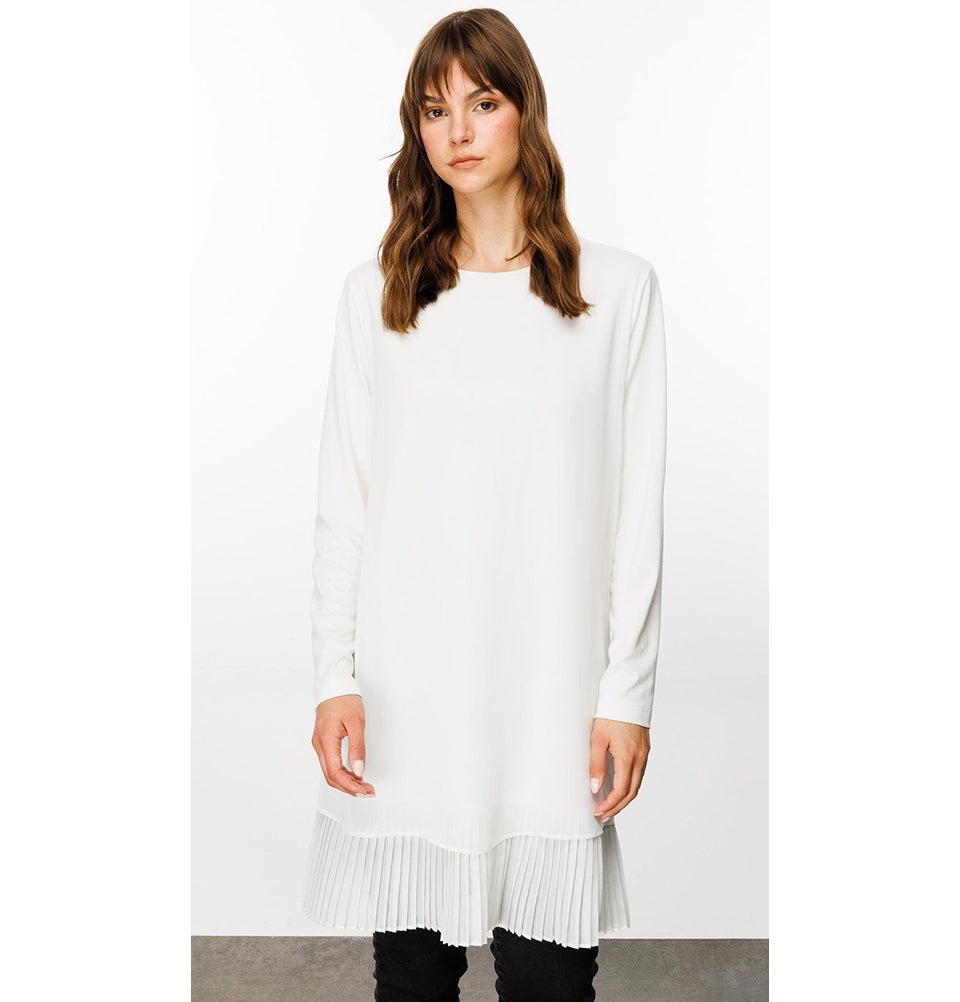 white long sleeve tunic dress Modest Muslim Women's Long Sleeve Pleat Skirted Tunic