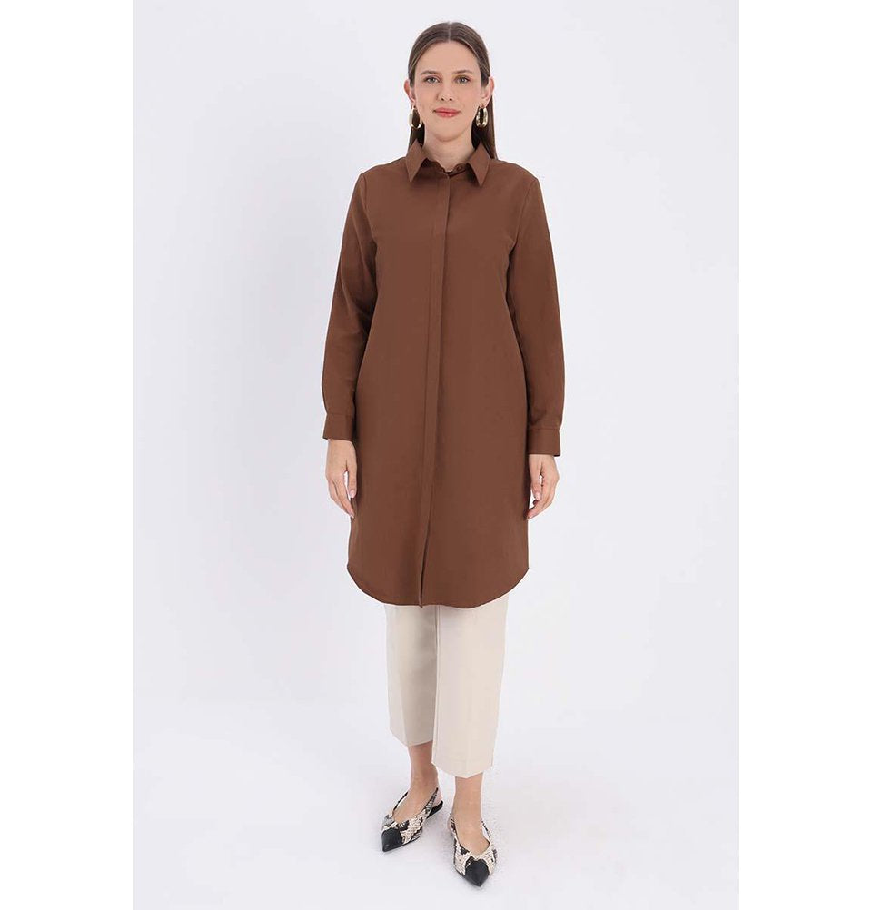 Modest Women's Hidden Button Long Tunic - 51007 Brown