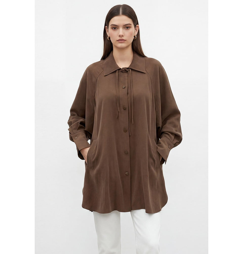 Modest Women's Modal Tie Neck Tunic - 10772 Brown