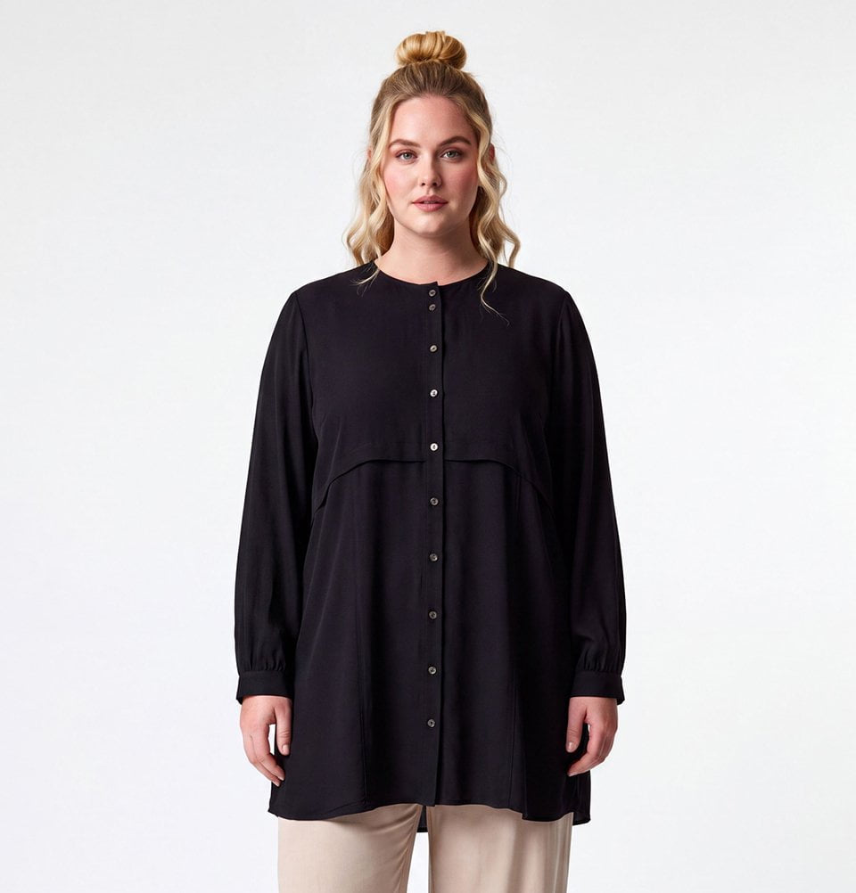Modest Women's Plus Size Tunic with Overlay Detail - 22013 Black