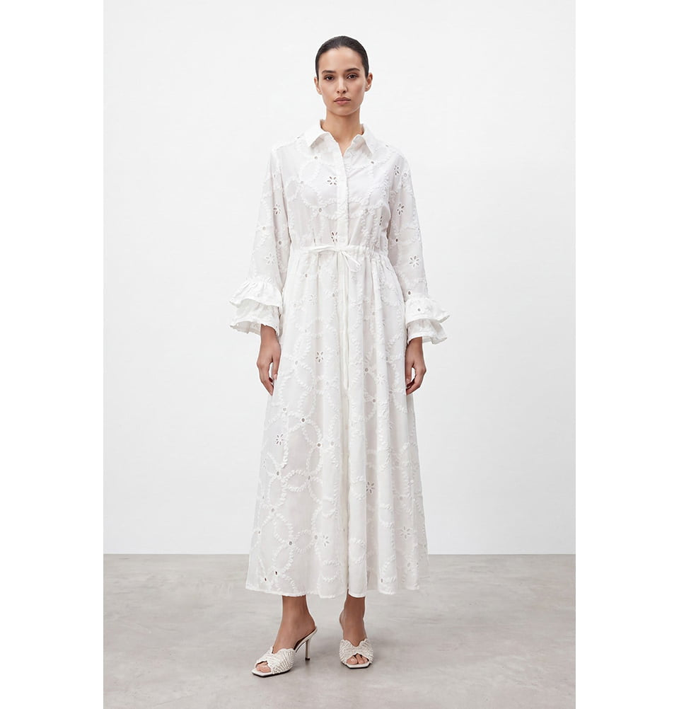 eyelet long sleeve dress PENELOPE White Lean into this time of year with quality transitional basics like our Cinched Waist Dress Glamorous Eyelet Long Sleeve Mini