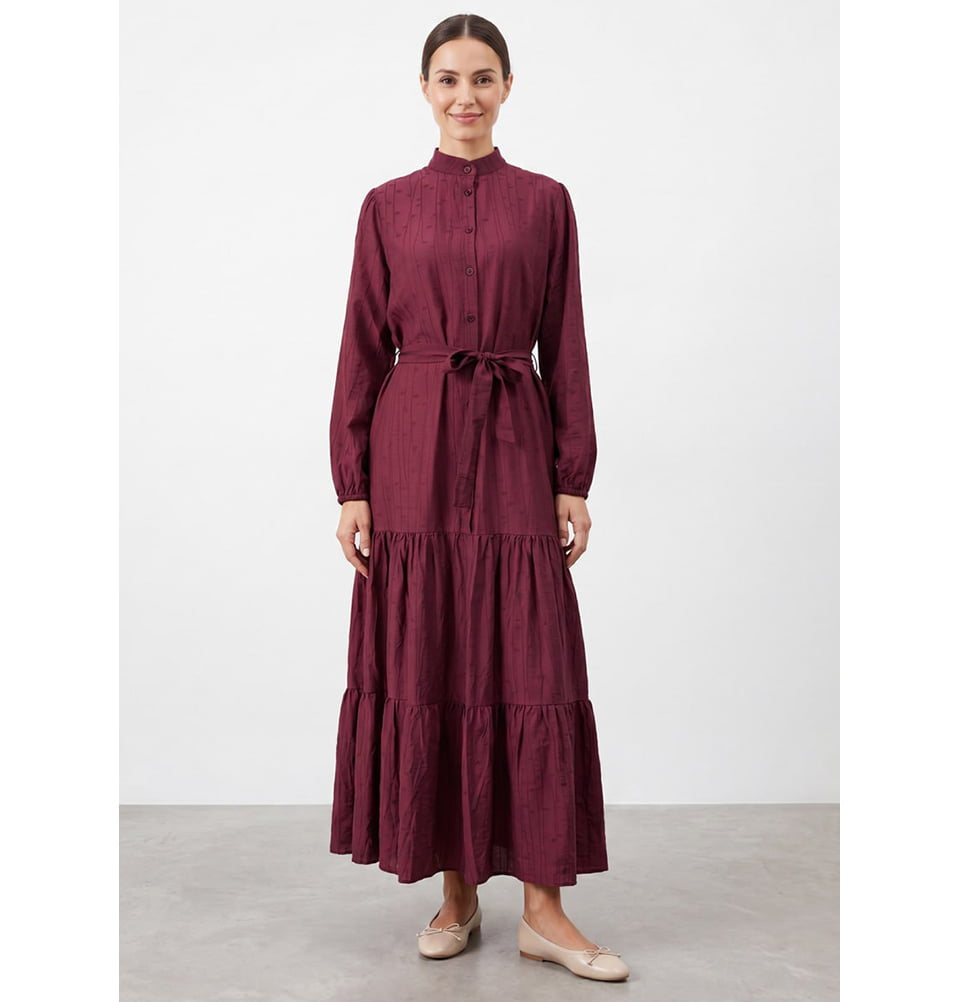 Women's Textured Tie Waist Tiered Maxi Dress