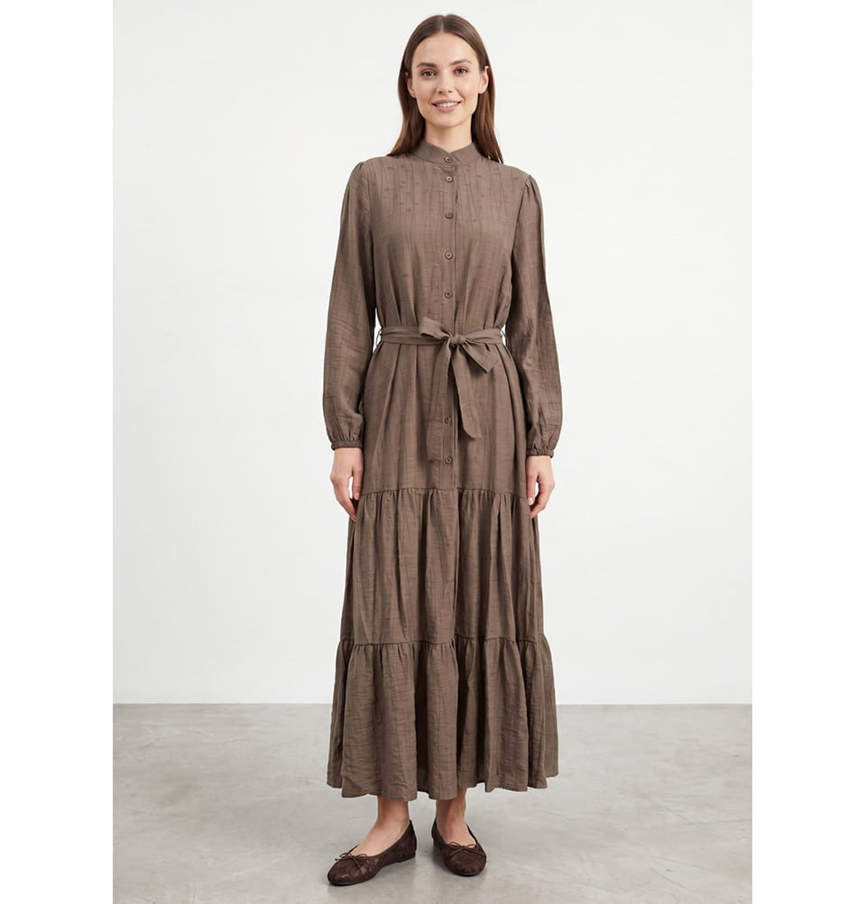 Women's Textured Tie Waist Tiered Maxi Dress