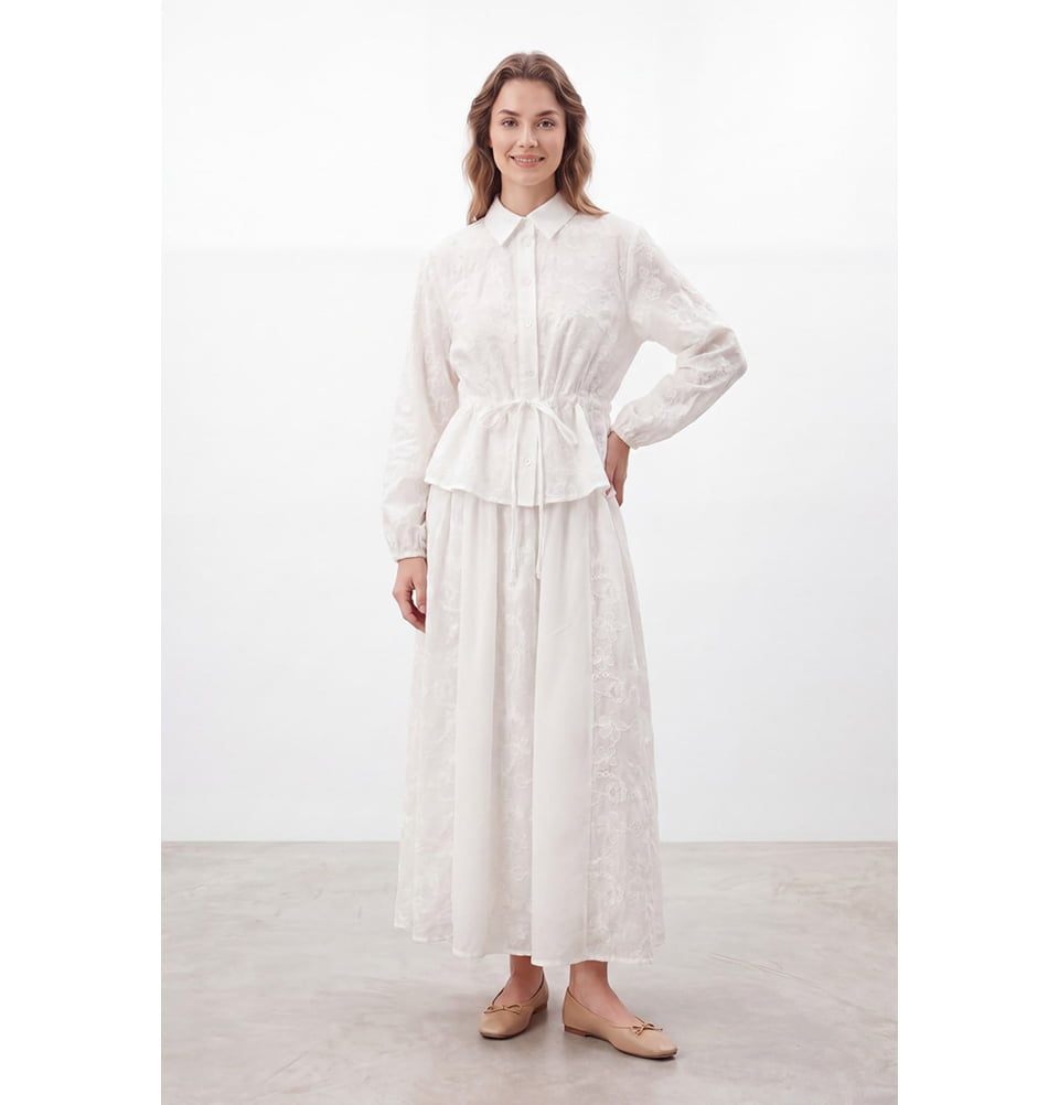Women's Floral Embroidered Cotton Two Piece Tunic and Maxi Skirt Set