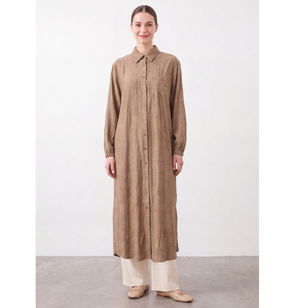 Women's Floral Beaded Button Front Long Tunic