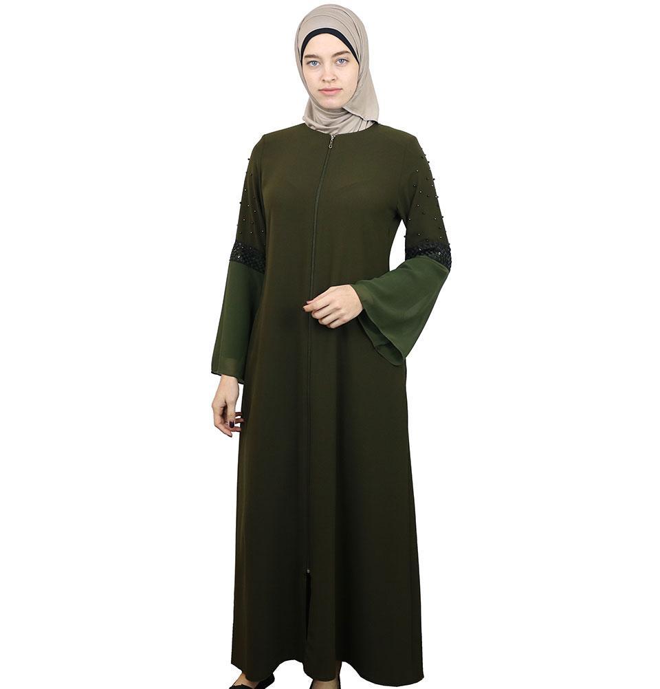 Beaded Ferace Abaya 071 Olive Green Damla