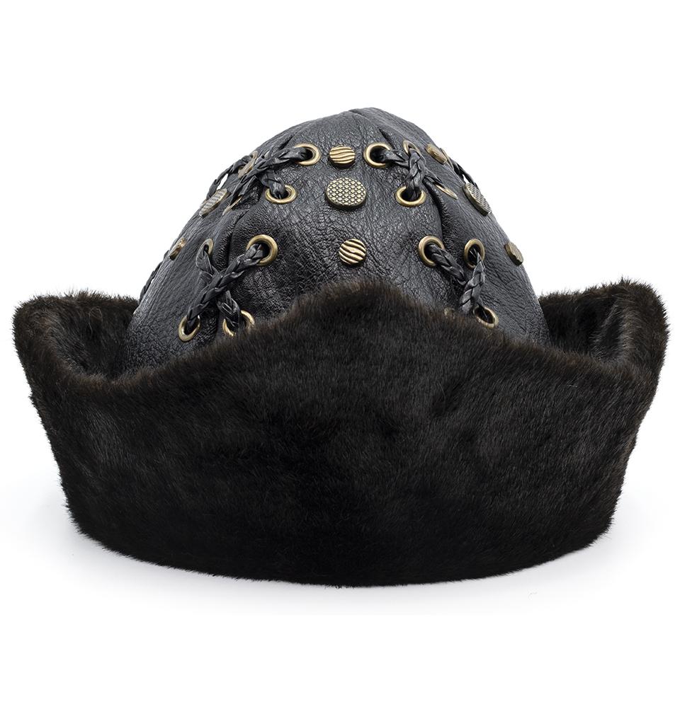 Ottoman Bork The Great Seljuks Genuine Leather Faux Fur Hat Black Medium