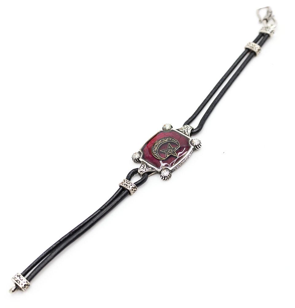 Men's Sterling Silver & Leather Bracelet | Crescent Moon & Star | Square