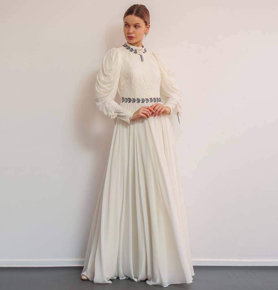 white lace dress with sleeves Modest Formal Lace Dress G410 Ivory