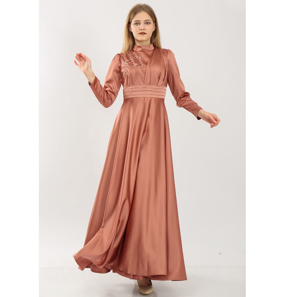 Rose Gold Satin Dress Long Sleeve Azazie A-Line Square Neck Long Sleeve Floor-Length Stretch Rose Gold Satin Dress Long Sleeve Azazie A-Line Square Neck Long Sleeve Floor-Length Stretch