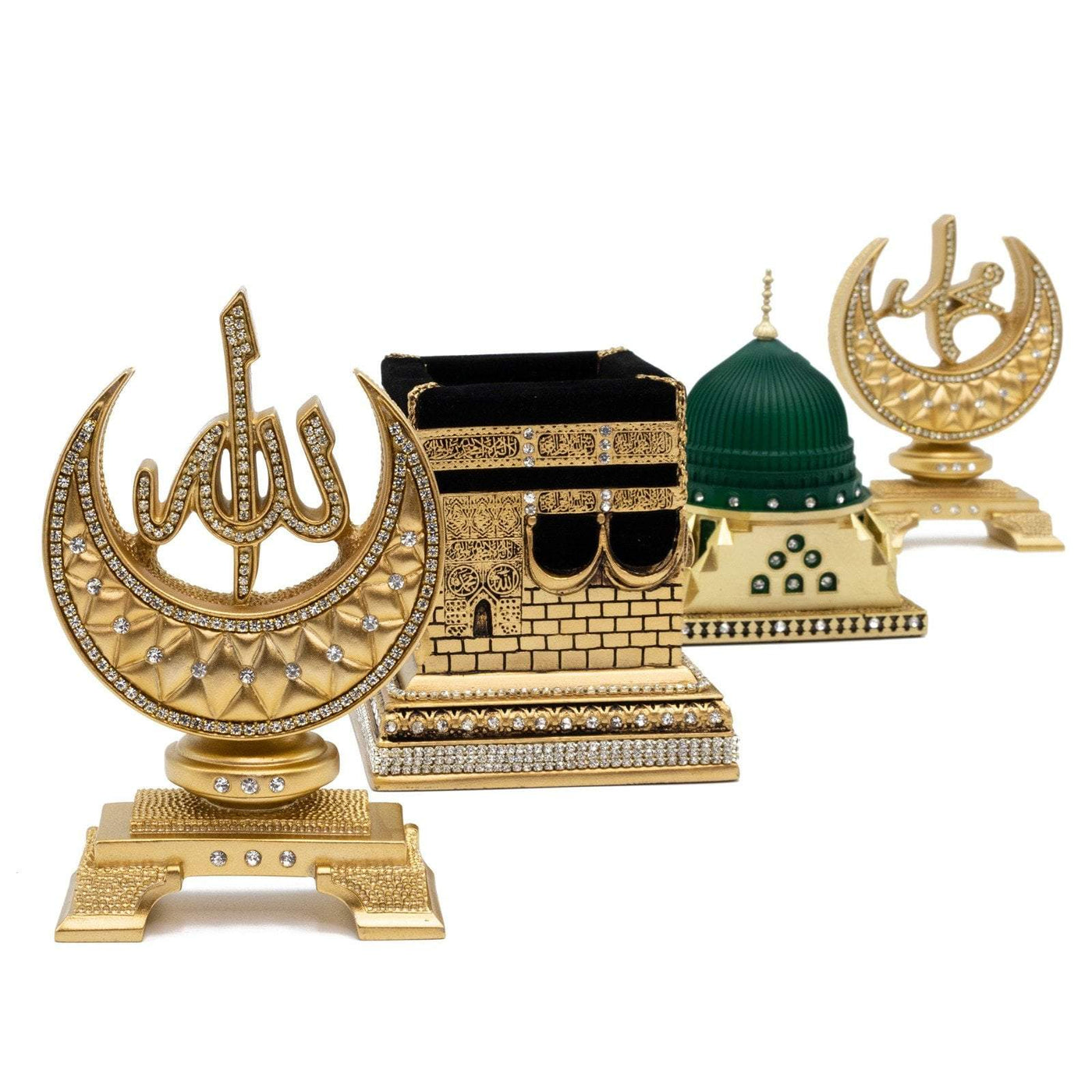 Modefa Islamic Decor Gold - Kaba/Green Dome/Allah/Muhammad Islamic Table Decor 4 Piece Set - Allah/Muhammad/Kaba Replica/Green Dome Replica - Gold