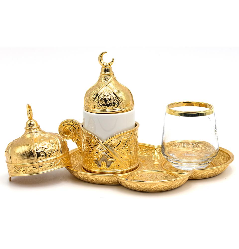 Modefa Islamic Decor Gold Turkish Luxury 4 Piece Coffee & Zamzam Water Cup Set | Ottoman Style Tray - Gold