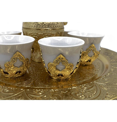 Modefa Islamic Decor Gold Turkish Luxury 8 Piece Zamzam Water Porcelain Cup Set | Ottoman Style Tray with Pitcher - Gold
