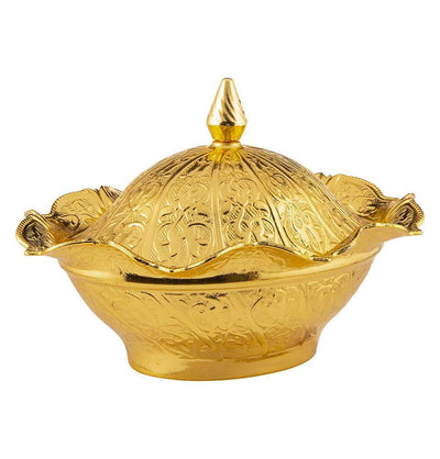 Modefa Islamic Decor Gold Turkish Tea Sugar Bowl | Ottoman Style Engraved | Oval Covered Dish Bowl - Gold