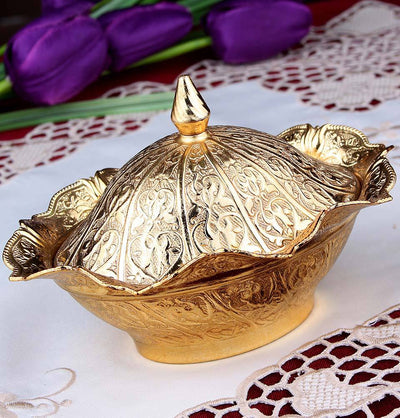 Modefa Islamic Decor Gold Turkish Tea Sugar Bowl | Ottoman Style Engraved | Oval Covered Dish Bowl - Gold