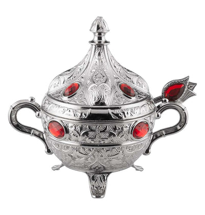 Modefa Islamic Decor Silver / Red Turkish Sugar Bowl | Ottoman Style Engraved | Round with Red Oval Stones - Silver