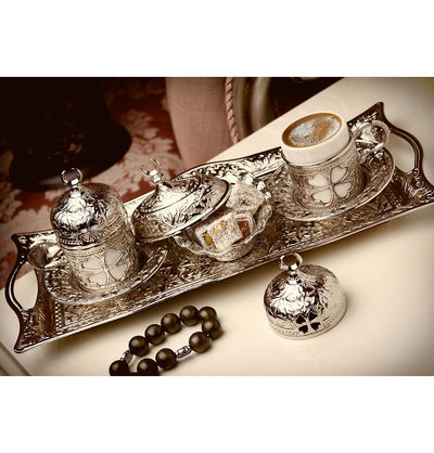 Modefa Islamic Decor Silver Turkish Luxury 4 Piece Coffee Cup Set | Ottoman Style Tray with Sugar Bowl - Silver
