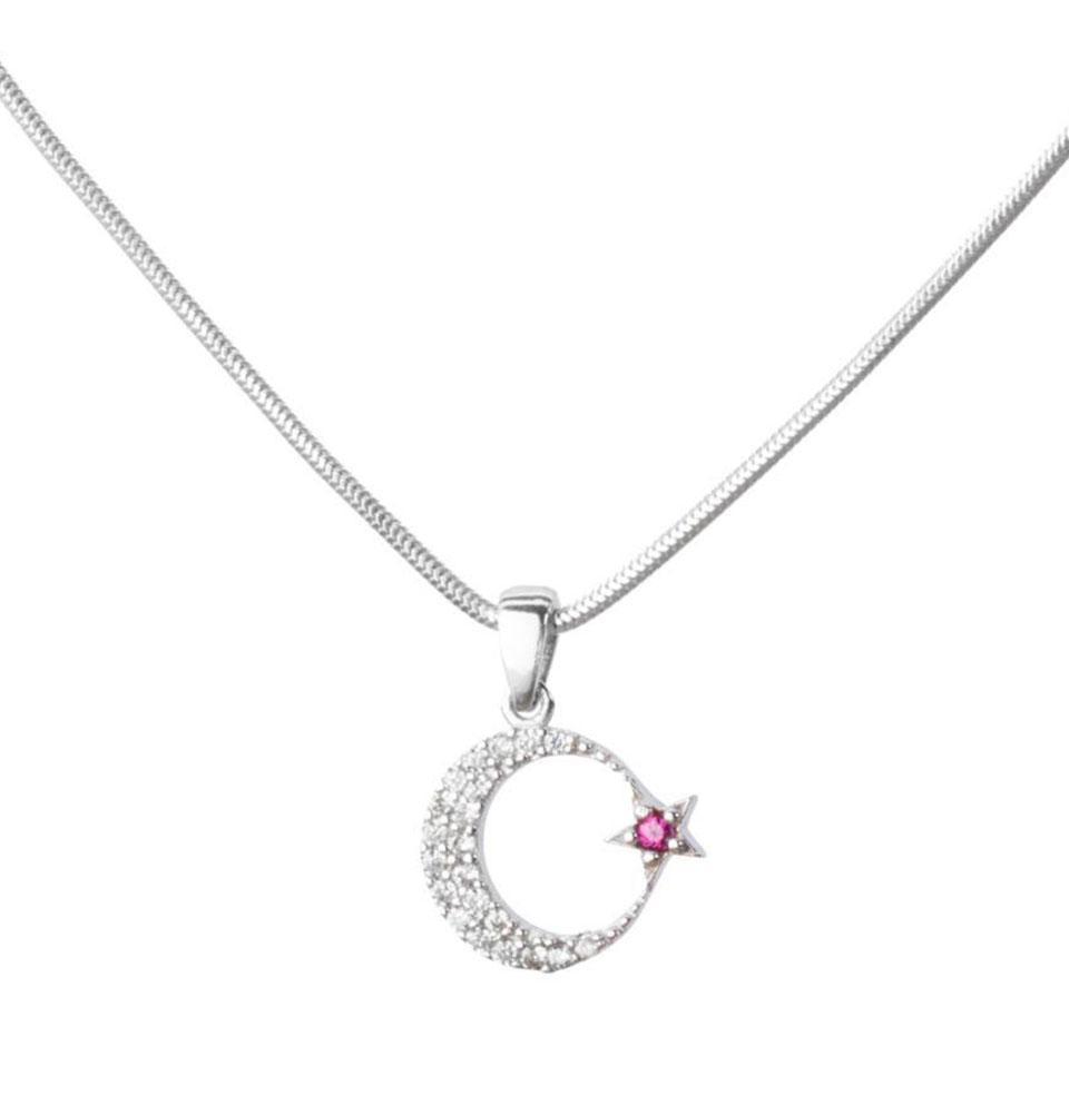 Women s Sterling Silver Islamic Necklace Pink Crescent Moon Star
