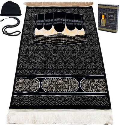 Modefa Prayer Rug Black Luxury Velvet Islamic Prayer Rug | Kaba Swirls - Black