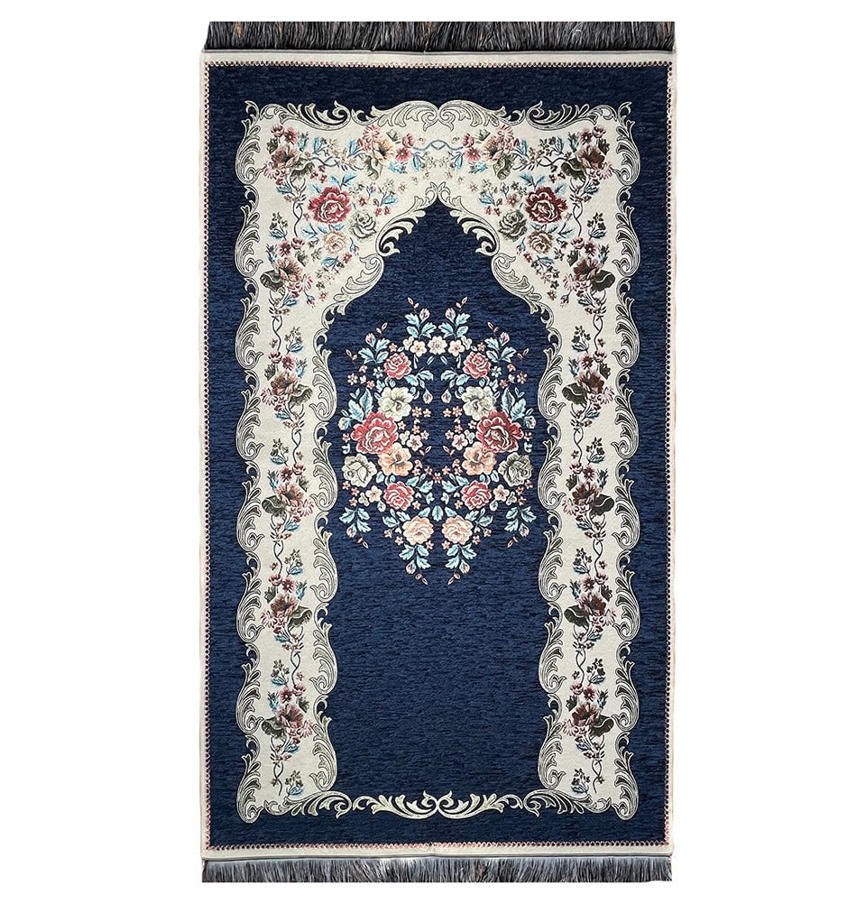 Chenille Embroidered Floral Rose Islamic Prayer Mat - Blue
