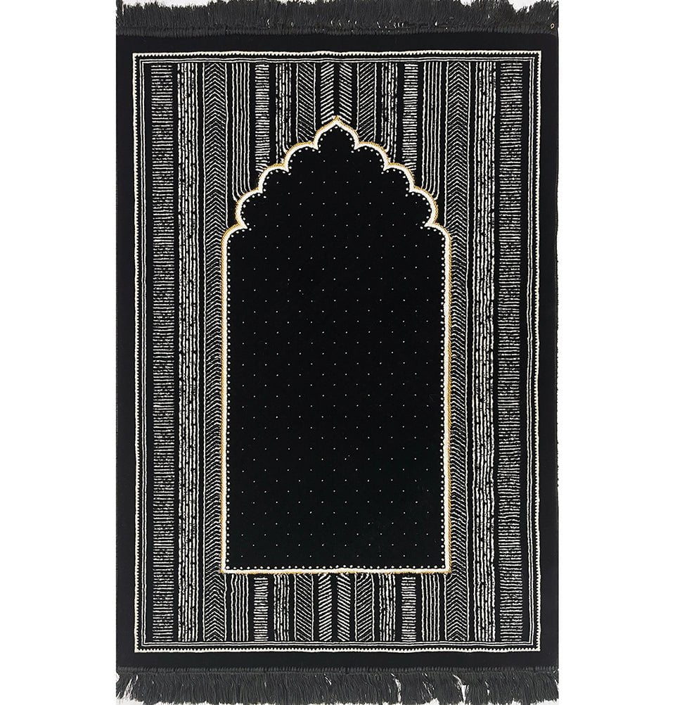 Double Plush Wide Islamic Prayer Rug - Tribal Mihrab Black