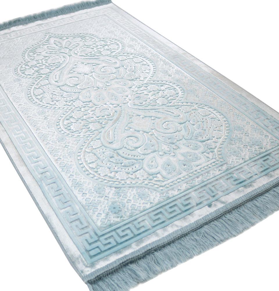 Luxury Velvet Islamic Prayer Rug Paisley Ice Blue