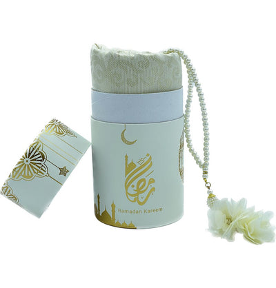 Modefa Prayer Rug Ivory Ramadan Kareem Cylinder Gift Box Set with Prayer Mat & Prayer Beads - Ivory