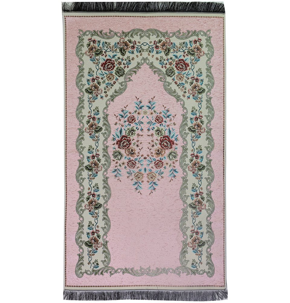 Chenille Embroidered Floral Rose Islamic Prayer Mat - Light Pink #2