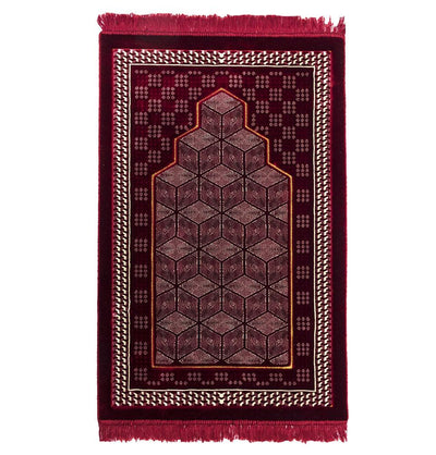 Modefa Prayer Rug Lux Plush Velvet Islamic Prayer Rug - Geometric Mihrab Red