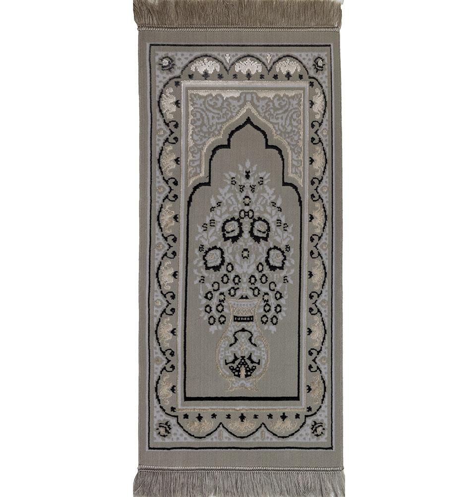 Wide 4 Person Velvet Islamic Prayer Rug With Imam Spot - Serenity Garden Stone Grey