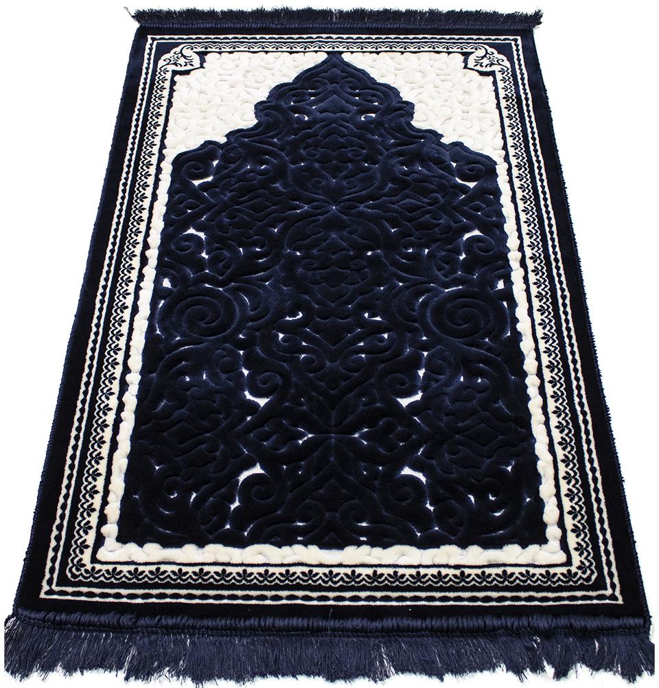 Plush Velvet Islamic Prayer Rug Sina Navy Blue 3