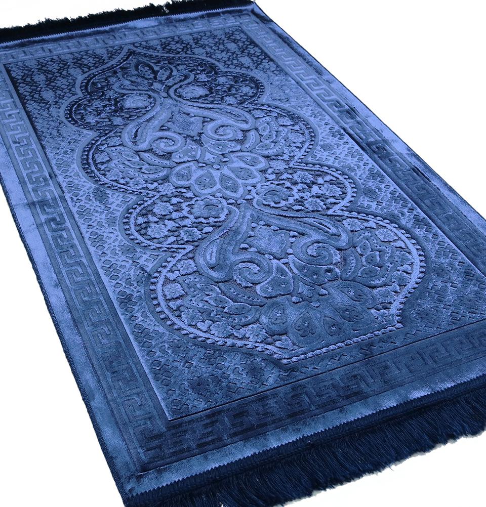 Luxury Velvet Islamic Prayer Rug Paisley Navy Blue