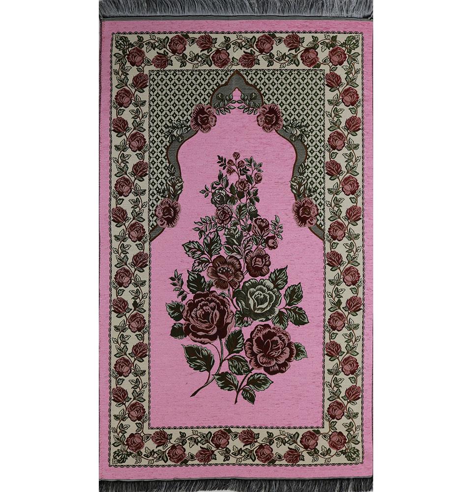 Chenille Embroidered Floral Rose Islamic Prayer Mat - Pink #2