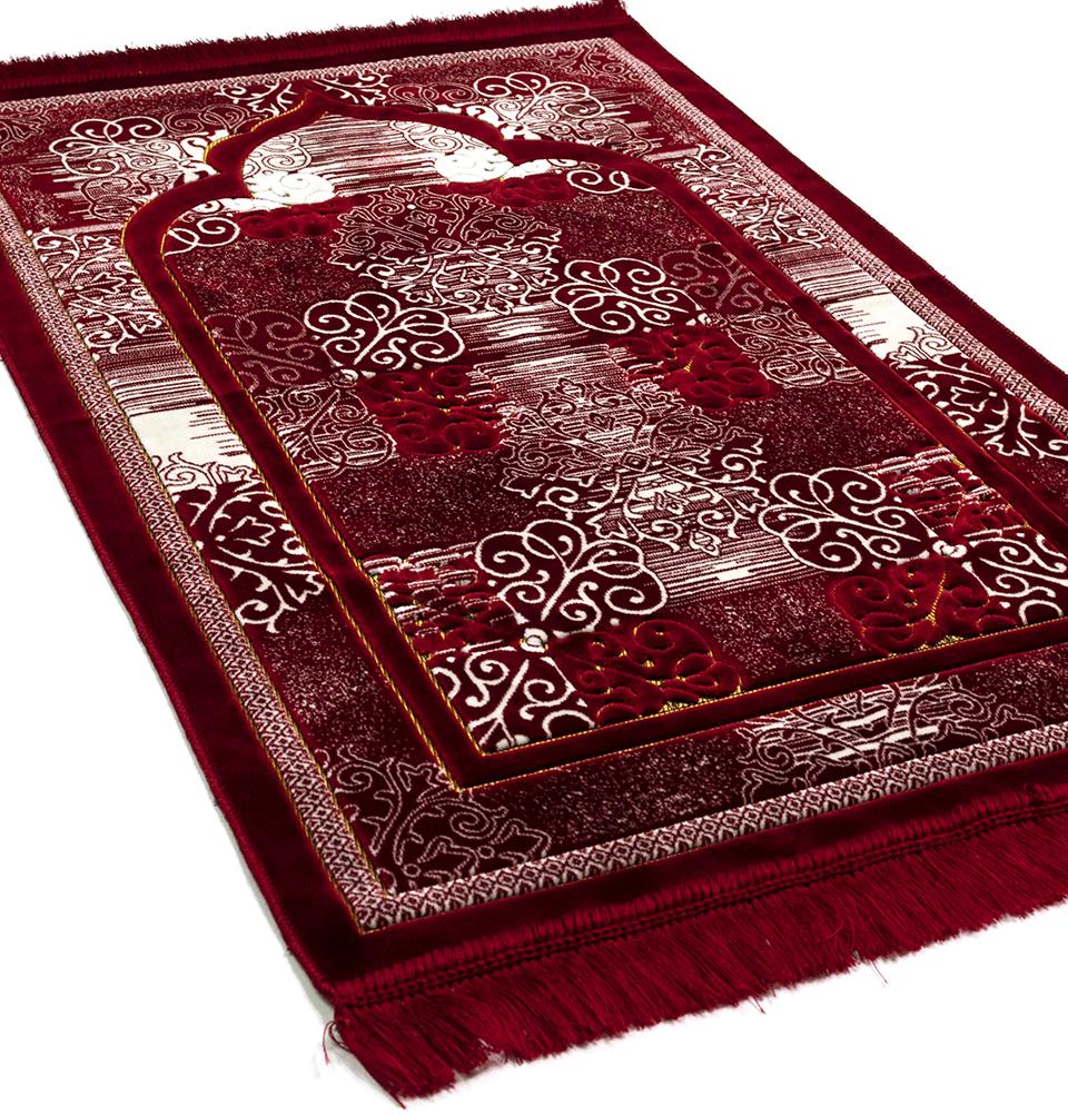 Modefa Prayer Rug Red Plush Velvet Islamic Prayer Rug Classic Elegant Swirl - Red