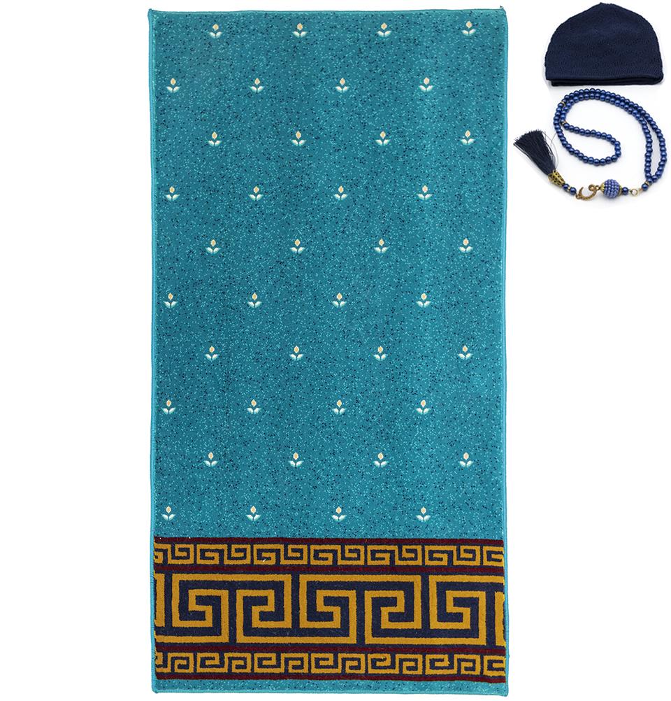 Luxury Islamic Prayer Carpet | Rolled Velvet Kilim Rug | Floral Blue