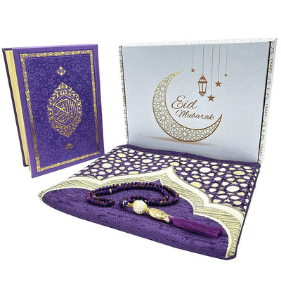 Modefa Ramadan &amp; Eid Party Purple Eid Mubarak Gift Box Set - Prayer Mat, Quran & Tesbih - Purple