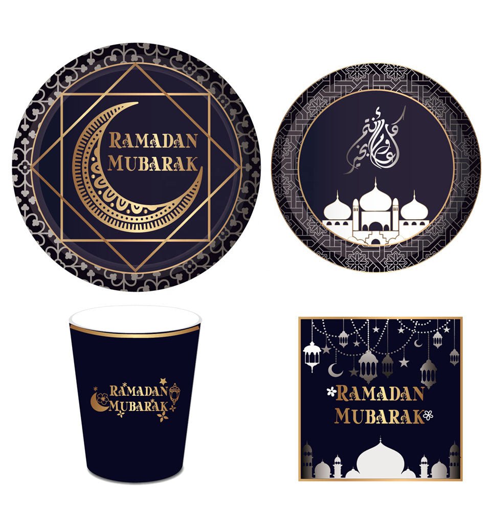 Ramadan Mubarak Disposable Dinner Set for 8 Plates, Cups, Napkins